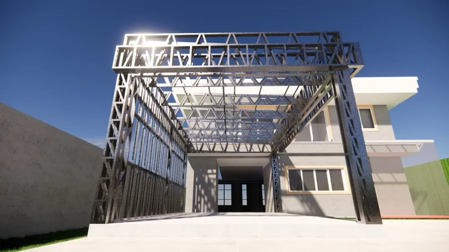 Render da estrutura de aço de uma ampliação diante de uma residência.