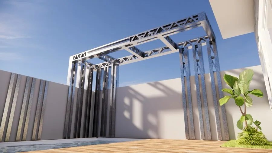 Render de um pórtico em treliças de aço sobre um deck com piscina.